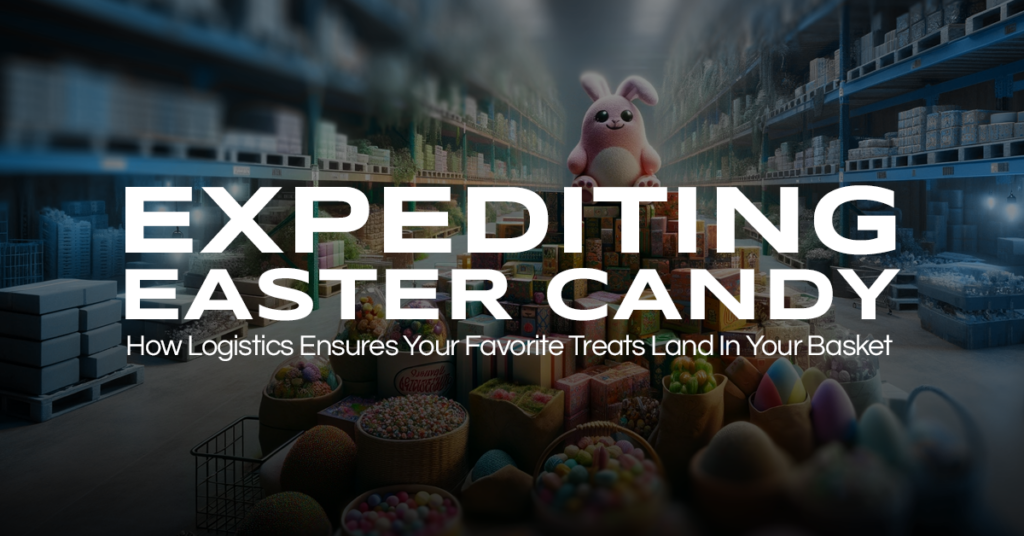 Banner for 'Expediting Easter Candy' showcasing a logistics warehouse filled with shelves of Easter treats and a whimsical plush Easter bunny in the center, emphasizing the efficient delivery of holiday sweets.